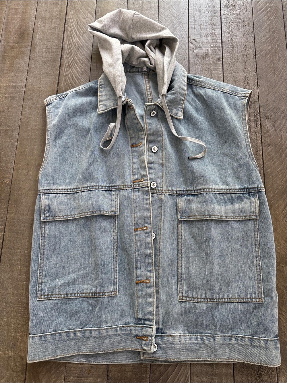Light Blue Denim Vest with Removable Gray Hood